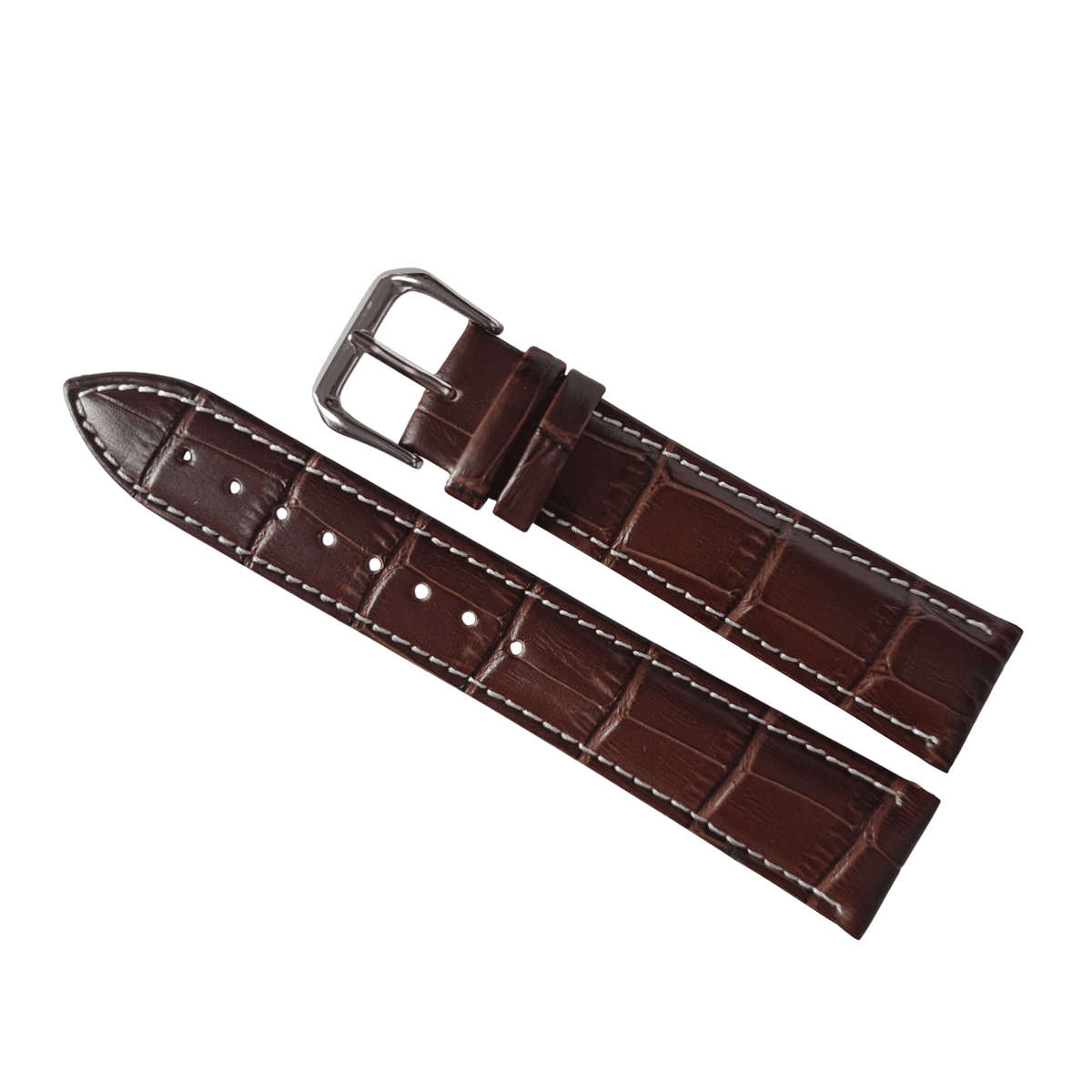 24mm Crocodile Pattern PU Leather Strap Brown (White Stitches)