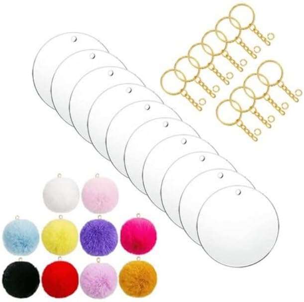 Clear Acrylic Blank Round Keyring Gold Pom Pom Kit - Multicolour  - set of 5