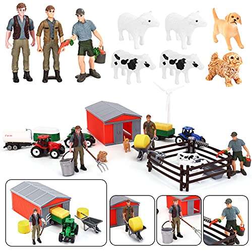 25 Piece Farm Toys Set, Farm Animals Toys Playset with Barn Cows Dogs Fens Tractors and Accessori...