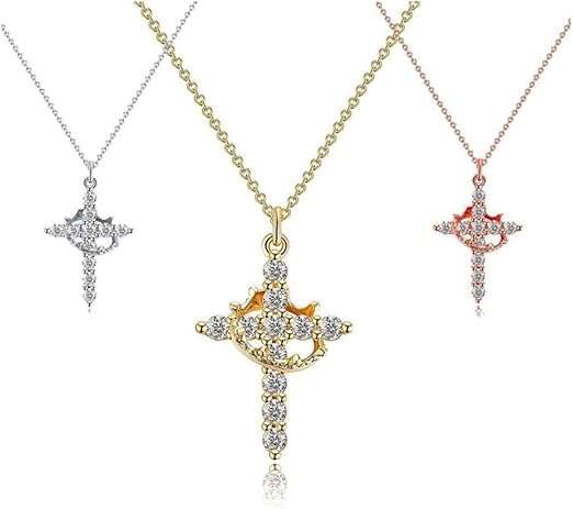 Stainless Steel Cross Rotated Crown Necklace for Women - Silver