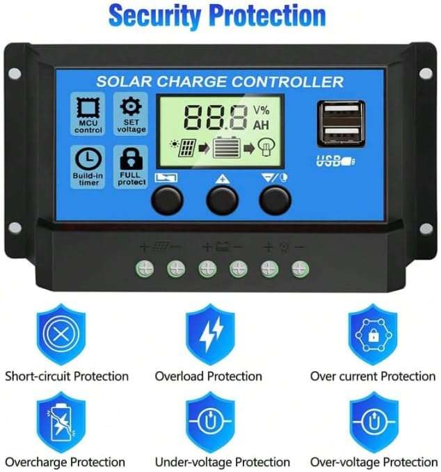 Solar Panel Controller 12V/24V Adjustable LCD Display With Build-In Battery Regulator, 30A