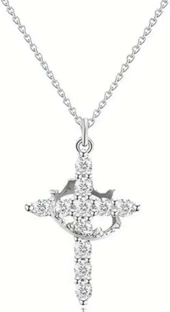 Stainless Steel Cross Rotated Crown Necklace for Women - Silver