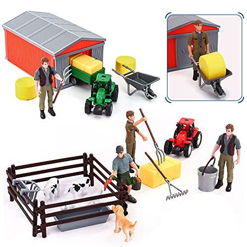 25 Piece Farm Toys Set, Farm Animals Toys Playset with Barn Cows Dogs Fens Tractors and Accessori...