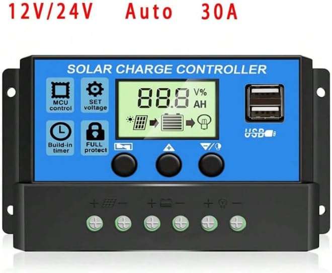 Solar Panel Controller 12V/24V Adjustable LCD Display With Build-In Battery Regulator, 30A