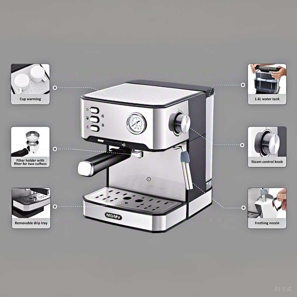 Hoffmans Automatic Control Espresso Coffee Maker with Milk Frother - 20 Bar