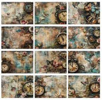 A5 Vintage Clock Floral Distressed Background Scrapbook Paper - 12 x sheets