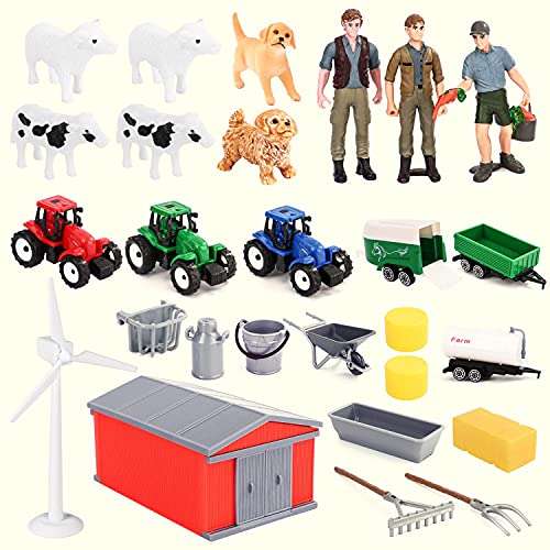 25 Piece Farm Toys Set, Farm Animals Toys Playset with Barn Cows Dogs Fens Tractors and Accessori...