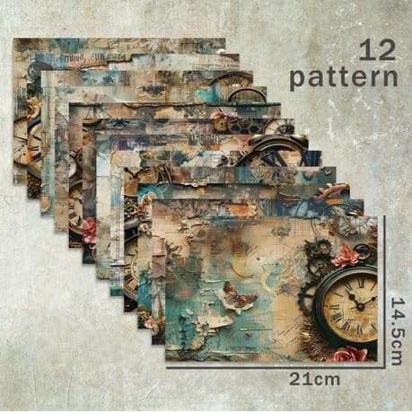 A5 Vintage Clock Floral Distressed Background Scrapbook Paper - 12 x sheets