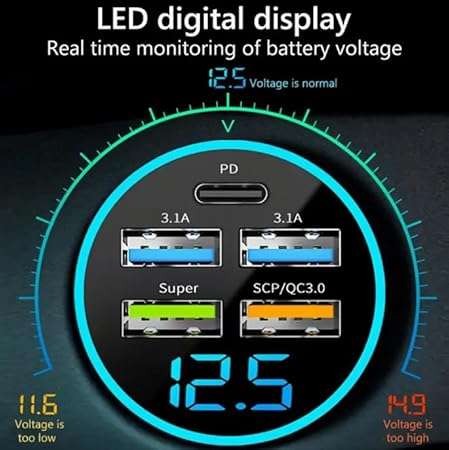 5-Port Car Charger with LED Display - Fast Charging for Multiple Devices, Universal 12-24V Adapter