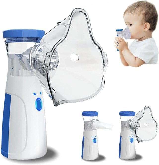Portable Mesh Nebulizer, Handheld Ultrasonic Inhaler Device, Battery Operated, White and Blue