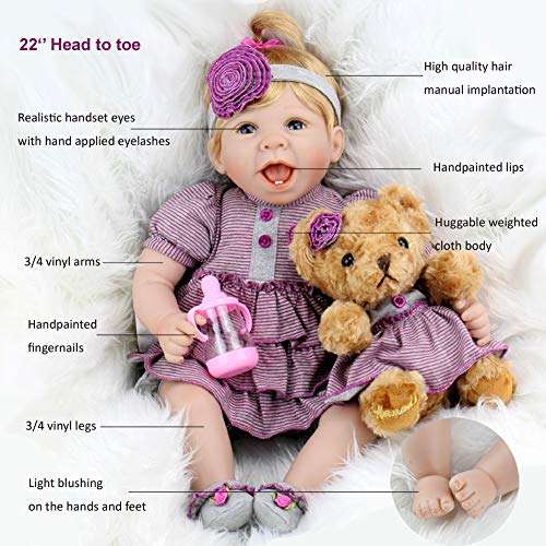 Aori Reborn Baby Doll 22 Inch Handmade Realistic Laughing Baby Doll with Teddy Bear Set for Girls...