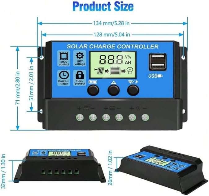 Solar Panel Controller 12V/24V Adjustable LCD Display With Build-In Battery Regulator, 30A