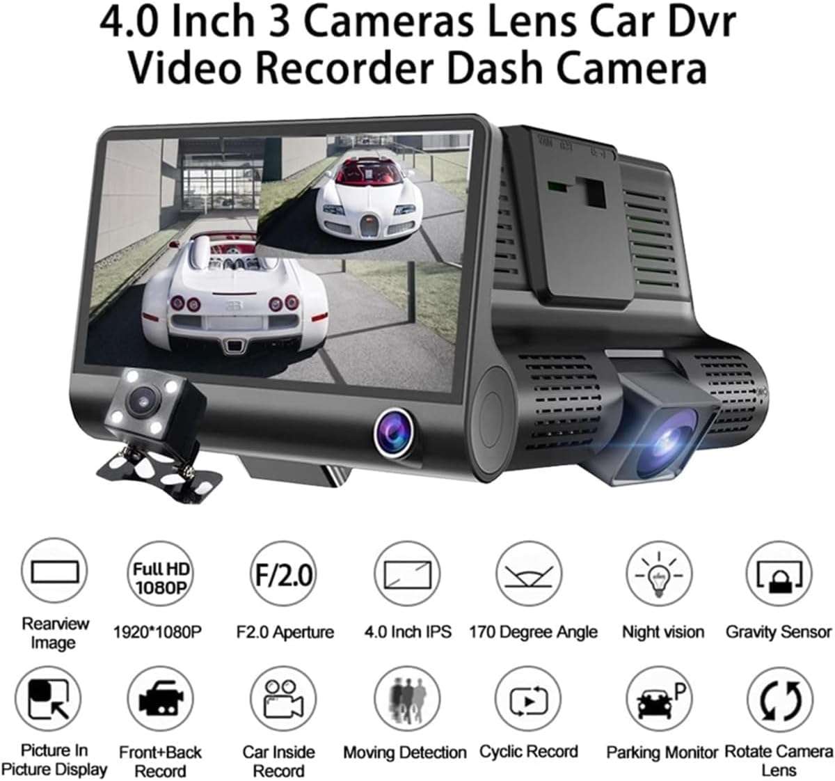 1080P Triple Lens Large Display Dash Cam with Rearview Cam