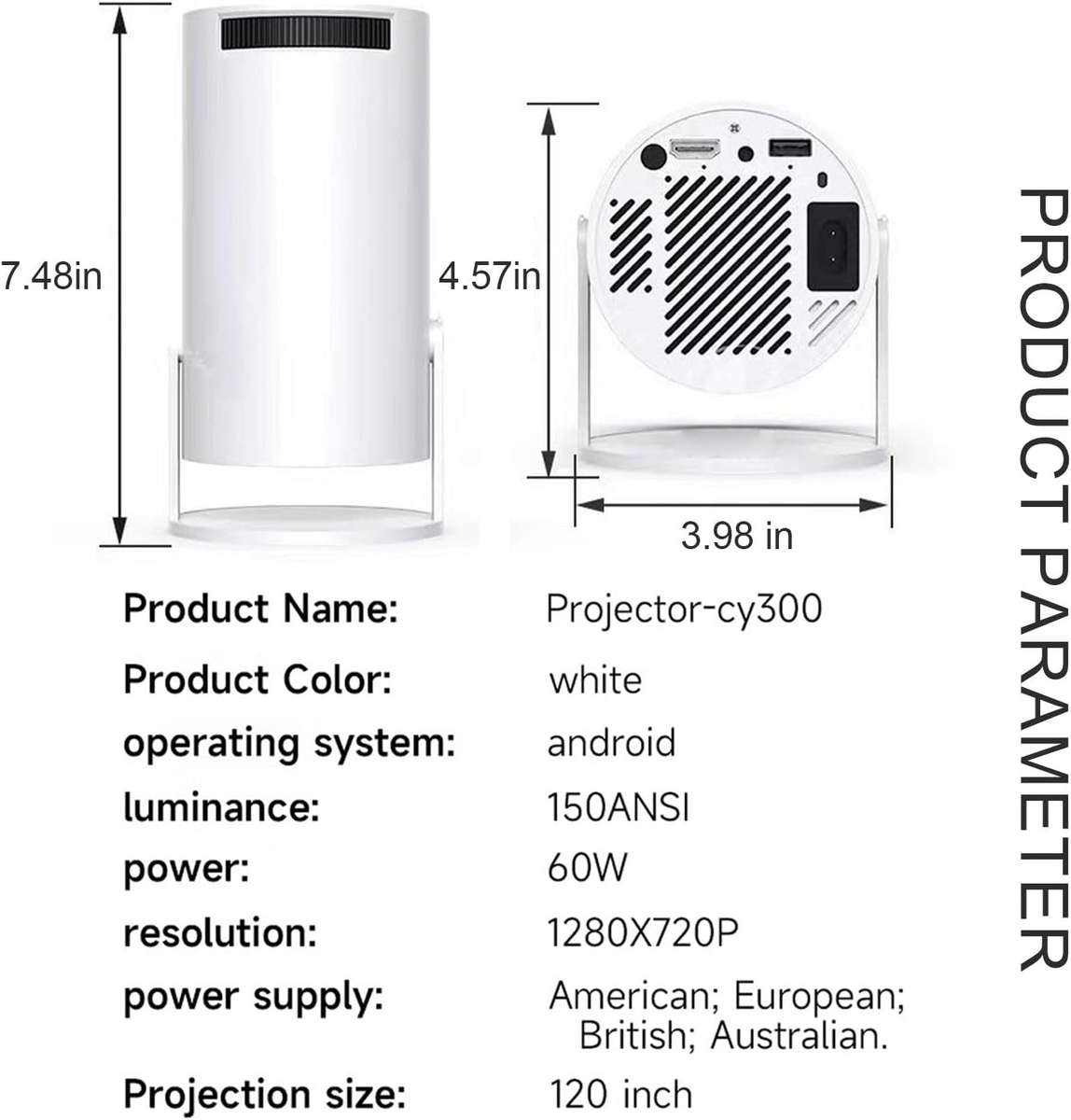 HY300PRO Mini Projector 4K 1080P Portable Projector Support with Android System WiFi 6 BT 5.0,Smart
