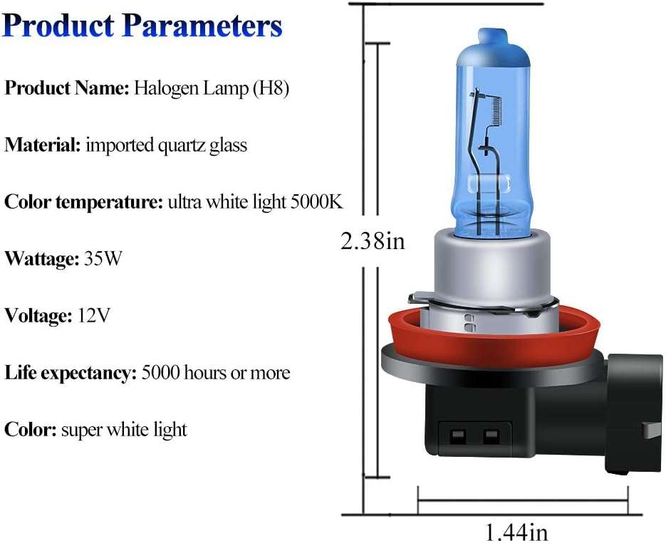 35W H8 Super Bright Xenon White 5000K 12V Halogen Headlight Bulbs