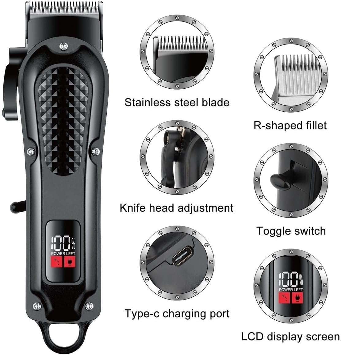GW Professional Hair Clipper with LCD Display, 4 Guide Combs, USB Rechargeable, Cleaning Brush Inclu