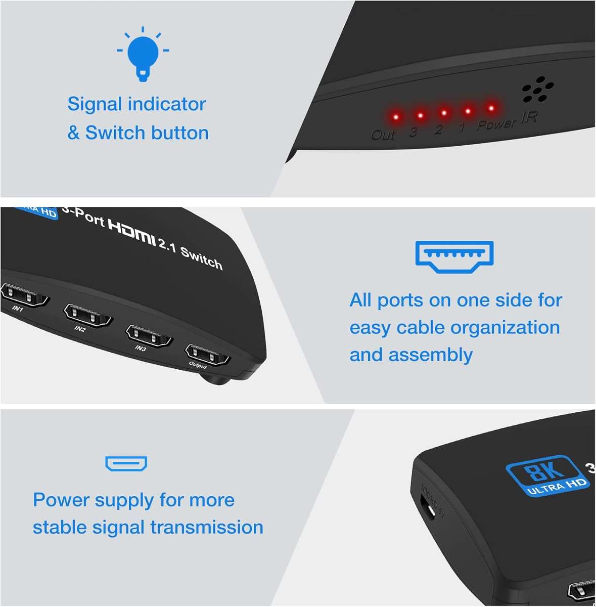 8K@60Hz HDMI 2.1 Switch, HDMI Switch 3 in 1 Out