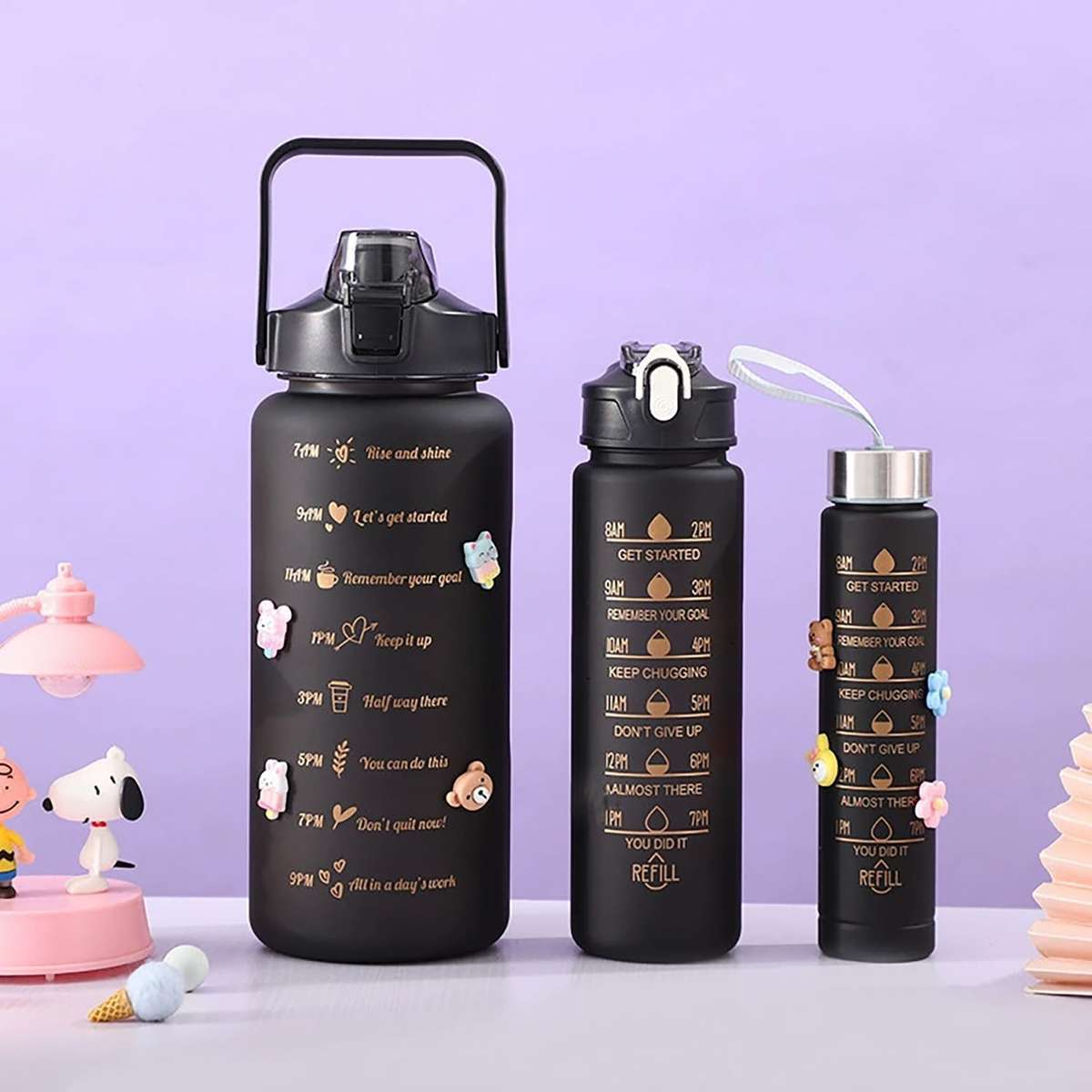 3Pcs Black Motivational Water Bottles with Time Marker, Leak-Proof Plastic Bottles