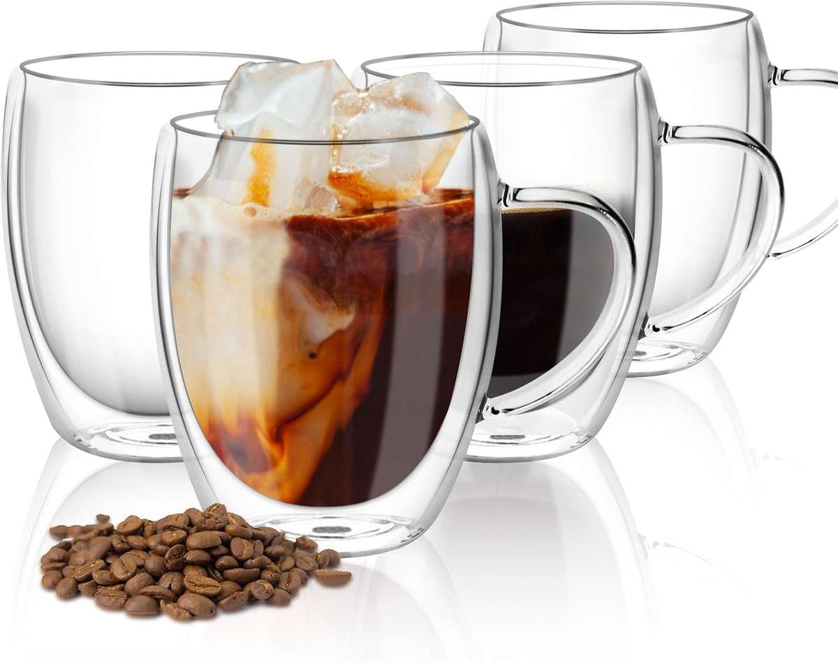 Top-spring 4 Pack Double Walled Glass Coffee Cups, Insulated Latte Glasses Mugs, Mug Tea Cups