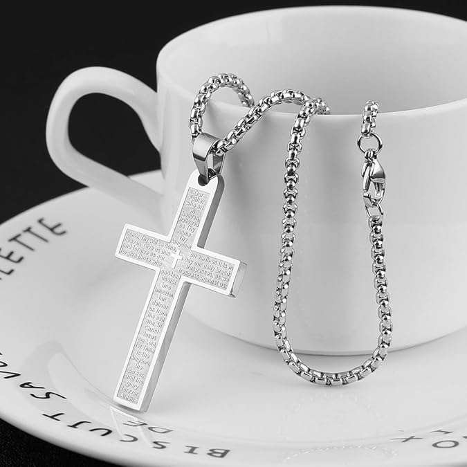 Stainless steel cross necklace main prayer pendant for men women, Jesus Cross Chain