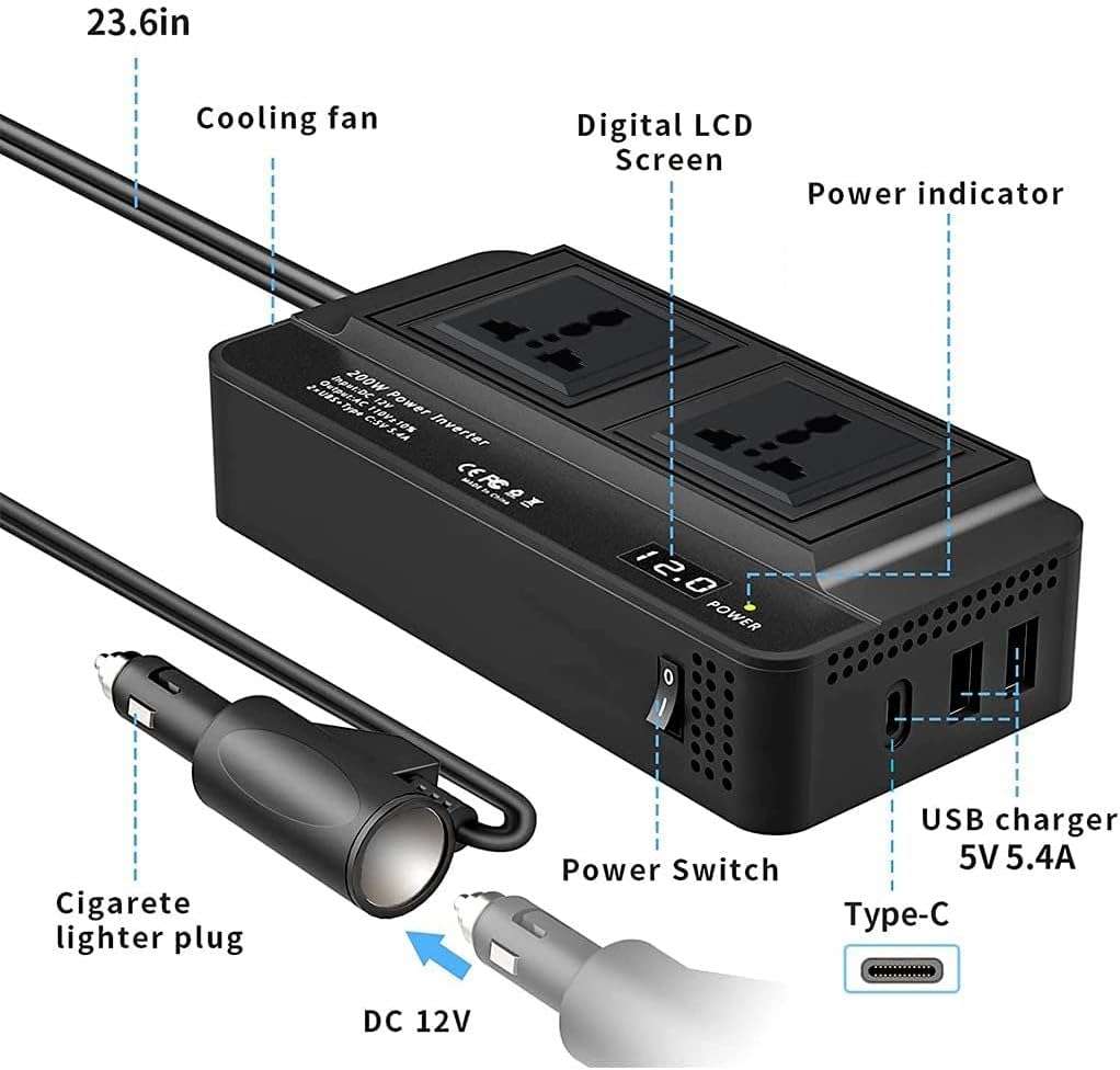 300W DC 12V to 220V AC Car Power Inverter, 2XUSB 1XType-C Ports Charger Adapter Automobile Inverter