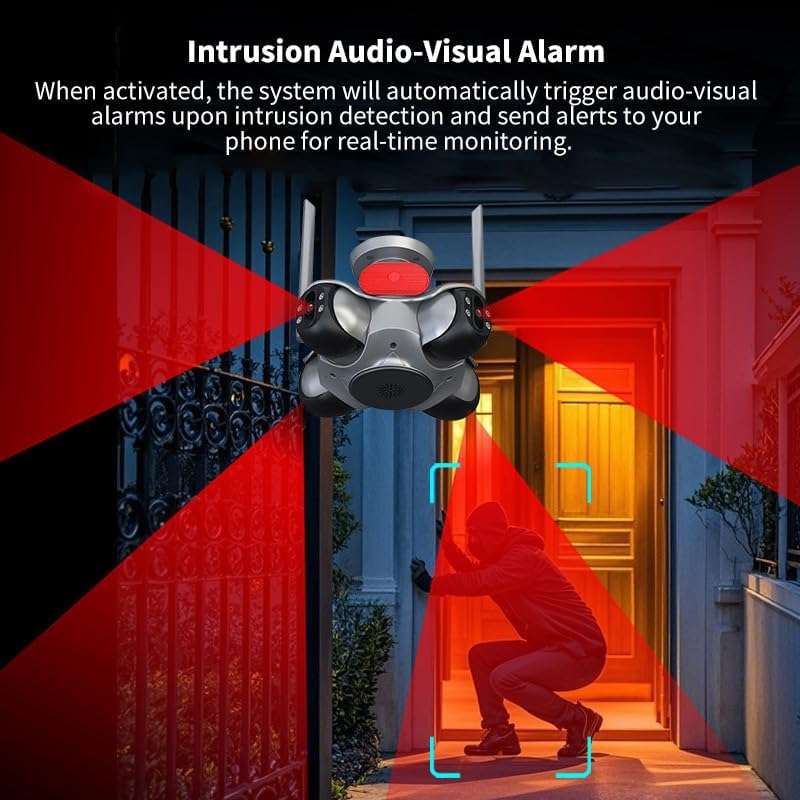 4-Lens 360° Outdoor Security Camera  Quad View WiFi CCTV with Night Vision, Motion Detection, App R