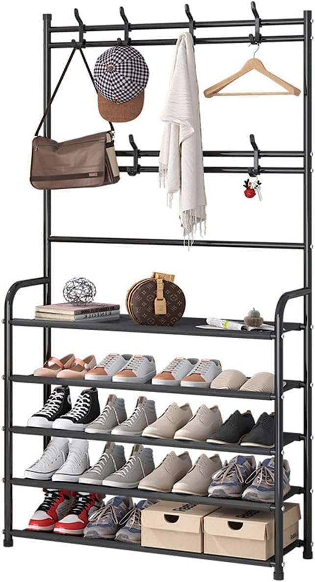 Shoe Rack with Coat Rack, 5-Tier Shoe Storage Organiser, Black Metal Frame, Multiple Hooks