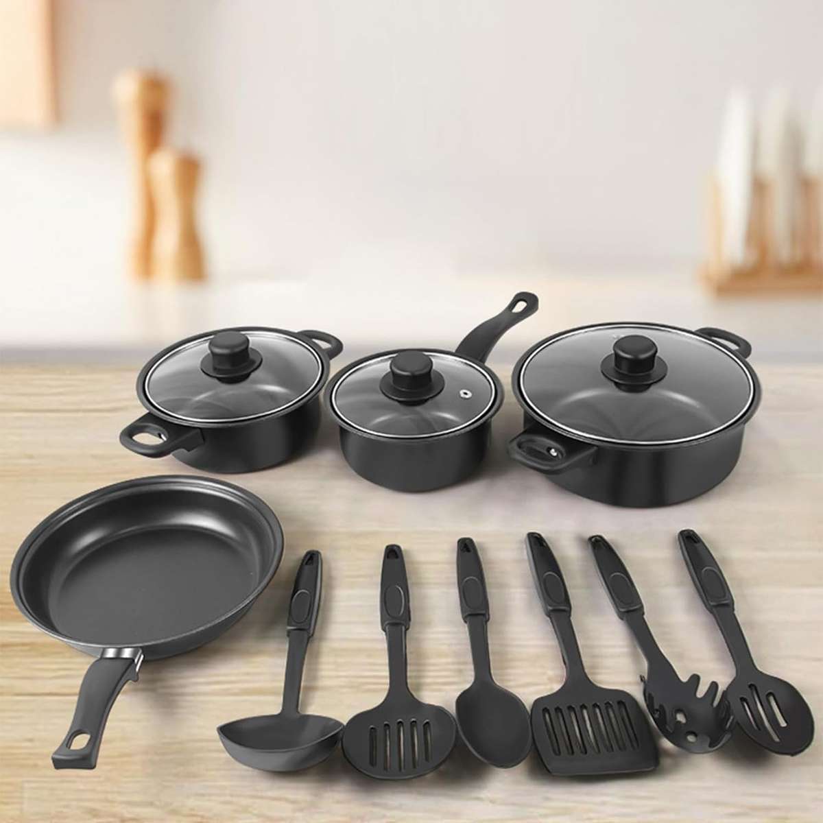 Nonstick Cookware Set with Glass Lids, Black, 13-Piece, Pots and Pans with Kitchen Utensils