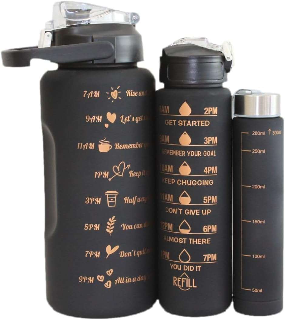 3Pcs Black Motivational Water Bottles with Time Marker, Leak-Proof Plastic Bottles