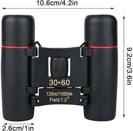 Compact 30x60 Binoculars, 10× Magnification, 126m/1000m Field View, 155g, Black