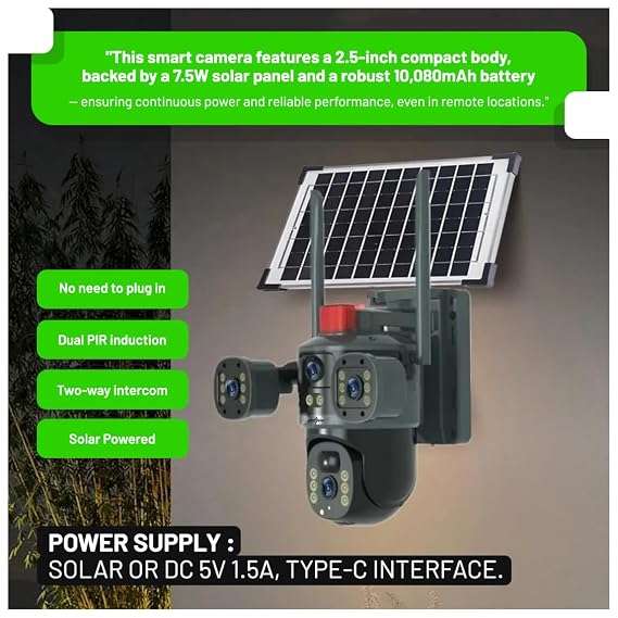 4-Lens Solar Security Camera  6MP Ultra HD, 4G LTE, Weatherproof, Panoramic View, No WiFi or Power