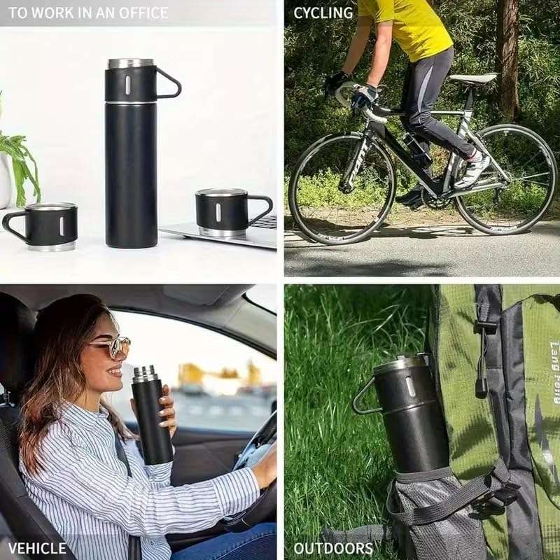 500ml Stainless Steel Double Wall Thermos Vacuum Flask and 3x 180ml Cups