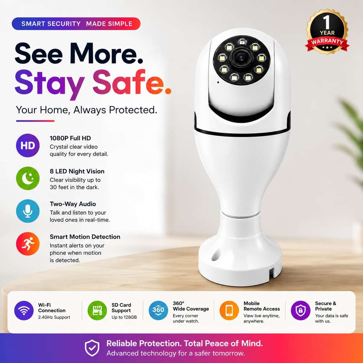 Smart 360° Wi-Fi Security Camera, 1080P Full HD, Night Vision, Two-Way Audio, Motion Tracking, SD Ca