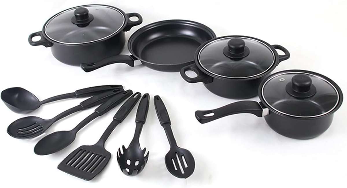 Nonstick Cookware Set with Glass Lids, Black, 13-Piece, Pots and Pans with Kitchen Utensils