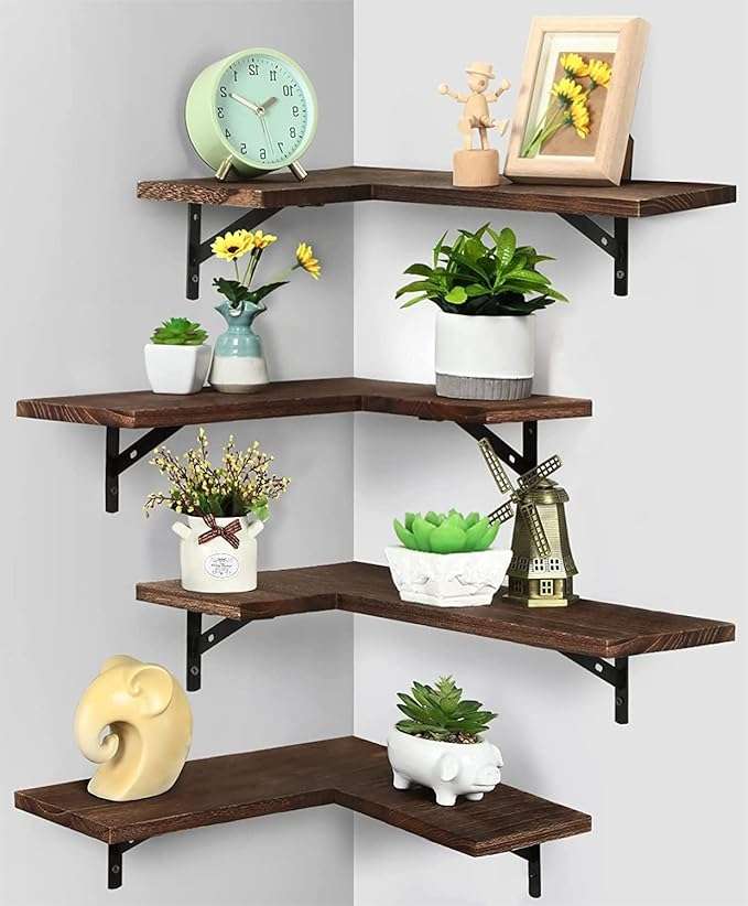 4 Piece Rustic Finish Mounted Storage Corner Floating Wall Shelf (brown WOOD COLOR)