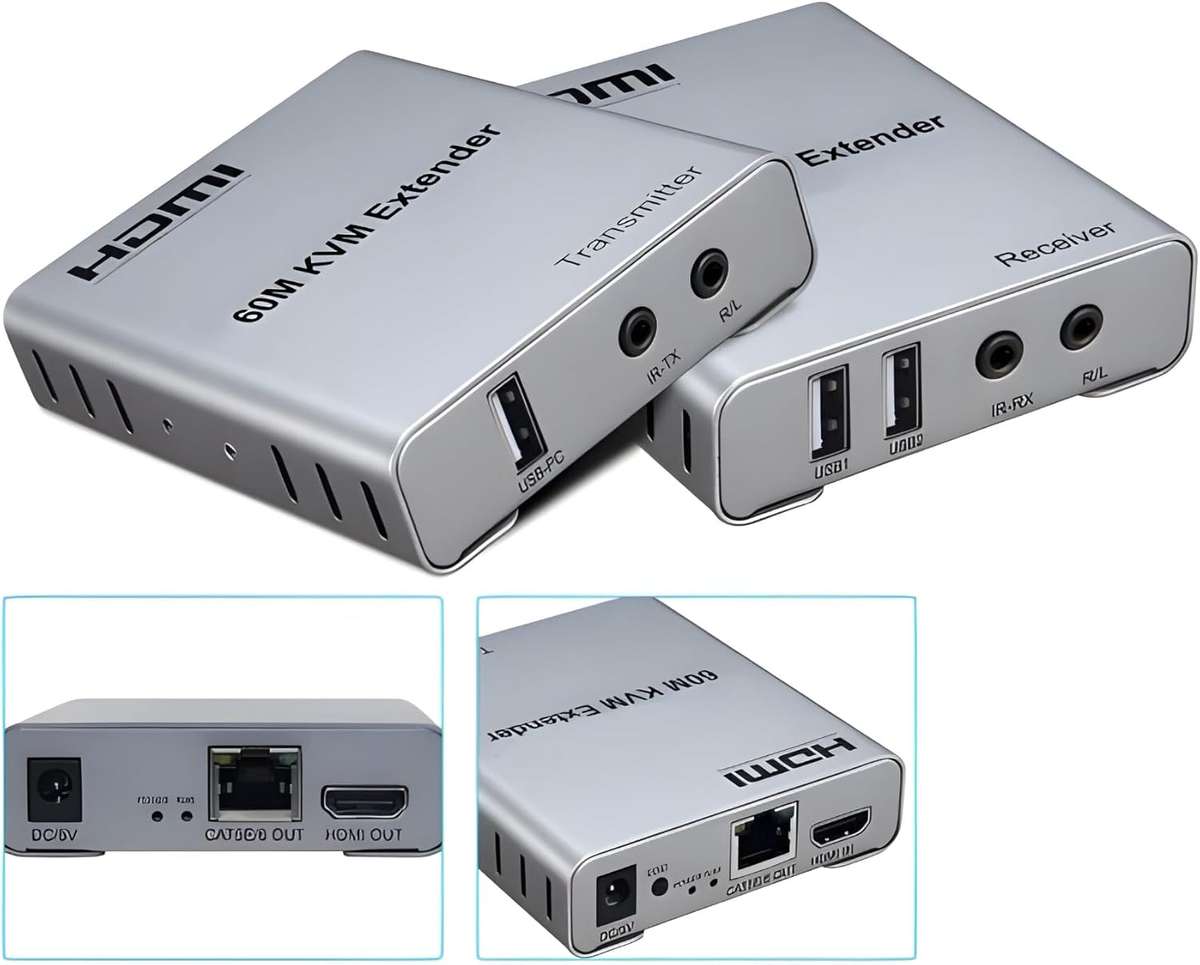 60M HDMI Extender with KVM Function  Transmits 1080P/60Hz Video, Audio & Keyboard/Mouse Signals Ove