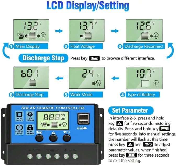 Solar Panel Controller 12V/24V Adjustable LCD Display With Build-In Battery Regulator, 30A