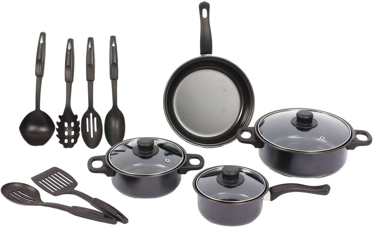 Nonstick Cookware Set with Glass Lids, Black, 13-Piece, Pots and Pans with Kitchen Utensils