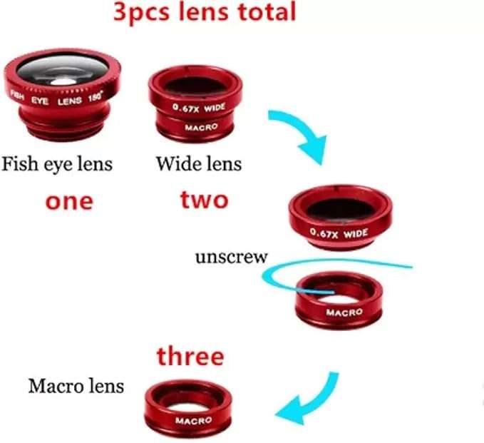 Universal 3-in-1 Cell Phone Camera Lens Kit set of 180° Fisheye 0.67x Wide Angle and MacroUniversal