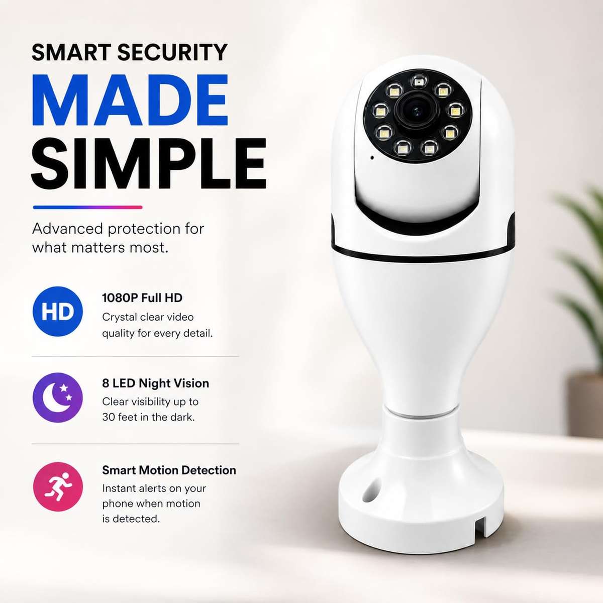 Smart 360° Wi-Fi Security Camera, 1080P Full HD, Night Vision, Two-Way Audio, Motion Tracking, SD Ca