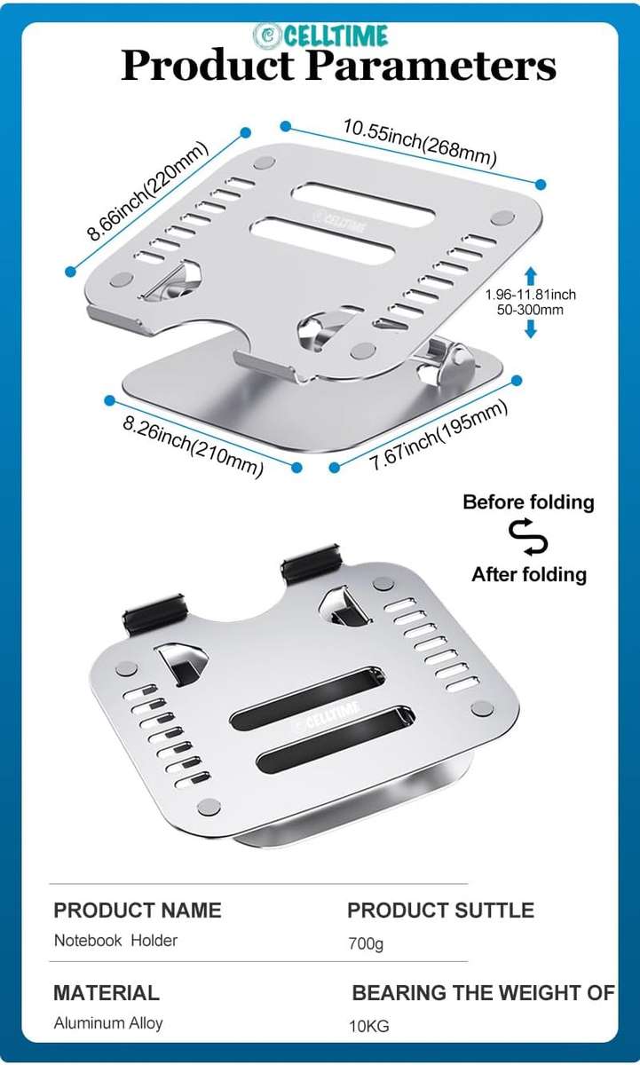 CellTime Ergonomic Height Angle Adjustable Cool Portable Laptop Stand