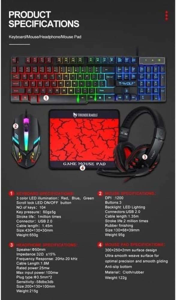 T-WOLF TF800 Wired Combo 4in1 PC Gaming Set