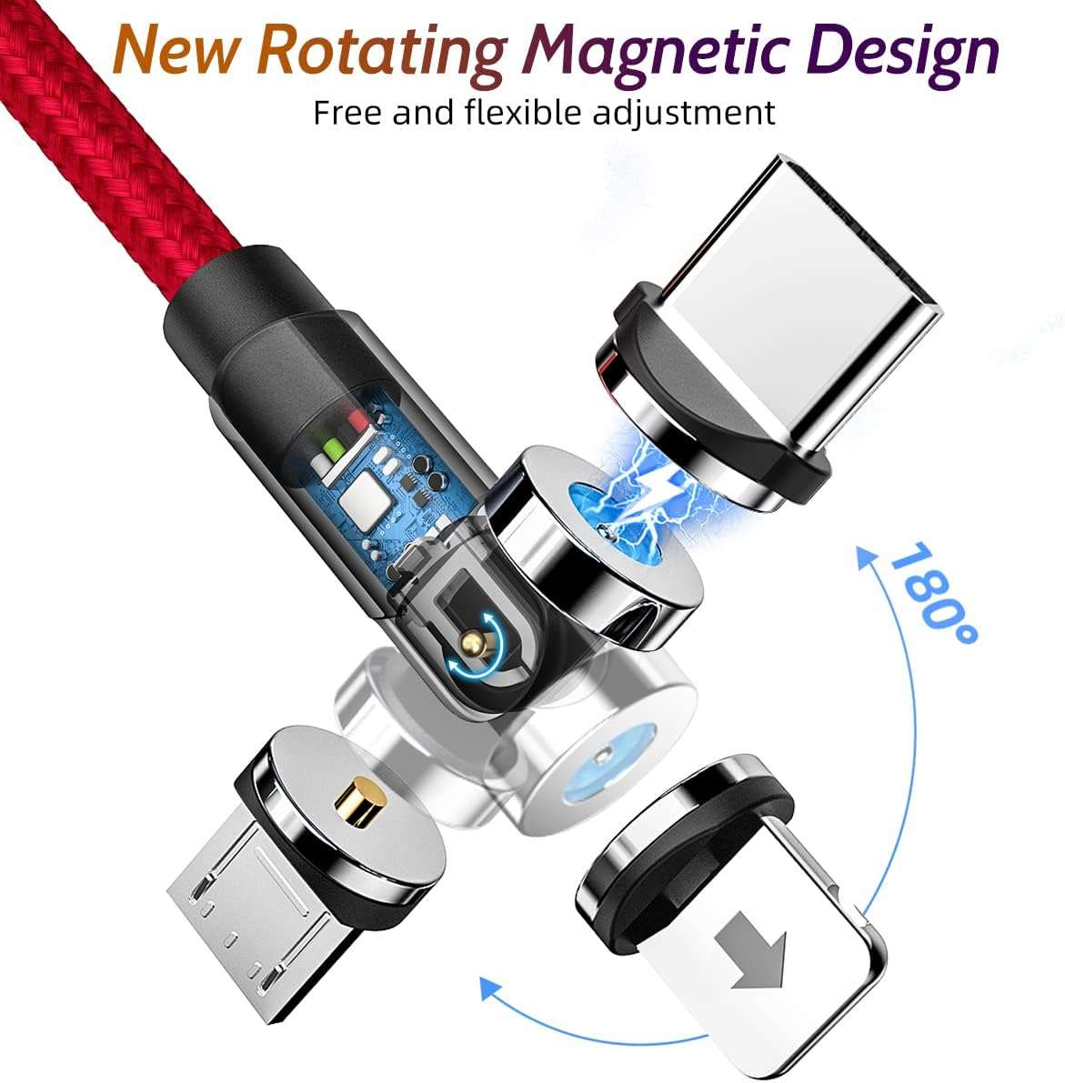 540° Rotating Magnetic Charging Cable  3 in 1 USB C Magnetic Phone Charger Cable 2.4A Fast Charge 1m