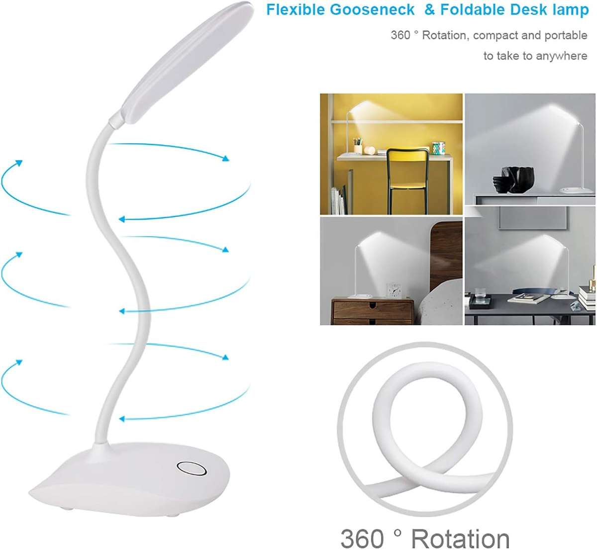Rechargeable LED Desk Lamp with Flexible Gooseneck 3 Level Brightness