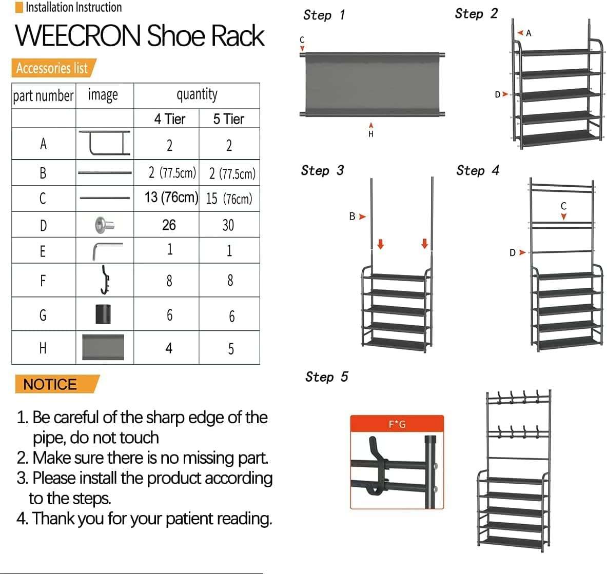 Shoe Rack with Coat Rack, 5-Tier Shoe Storage Organiser, Black Metal Frame, Multiple Hooks