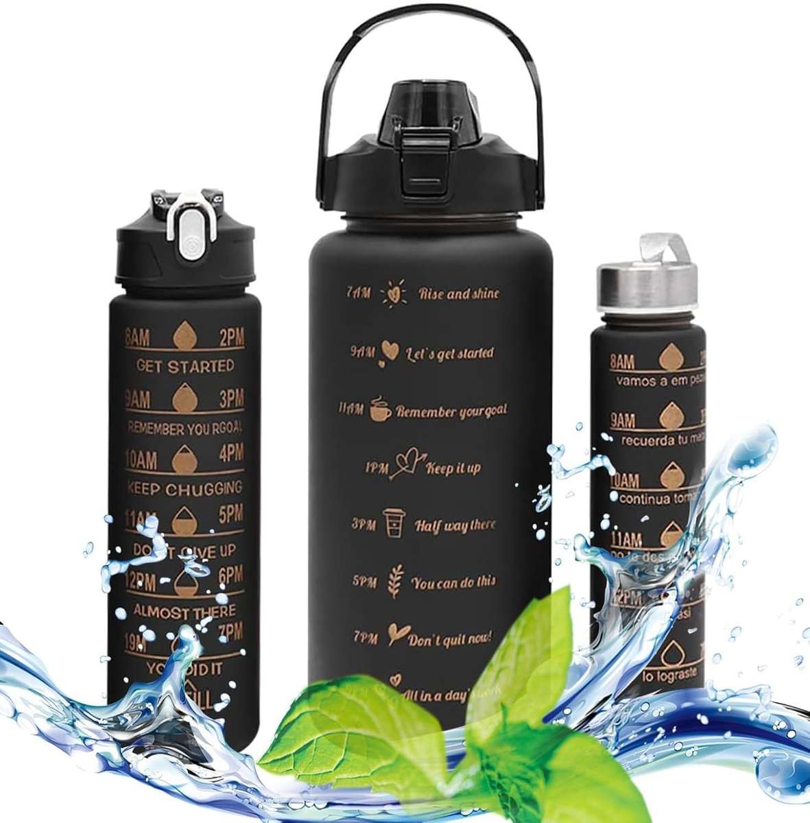 3Pcs Black Motivational Water Bottles with Time Marker, Leak-Proof Plastic Bottles