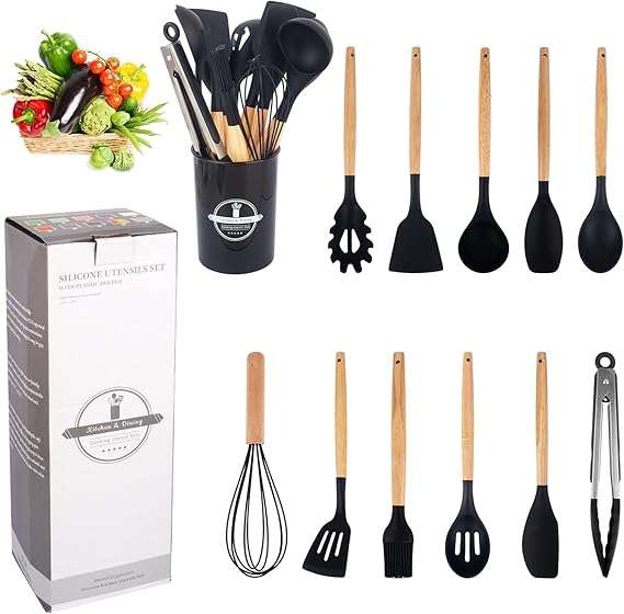 Kitchen Utensil Set 12 PCS Silicone Cooking Utensils Set with Wooden Handle Non-Stick (Grey)