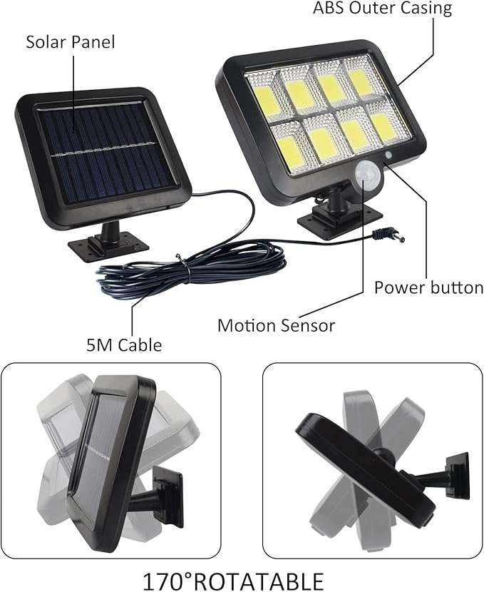 160 LED Bright COB White Solar LED Light With Split Solar Panel & Motion Sensor with Cable