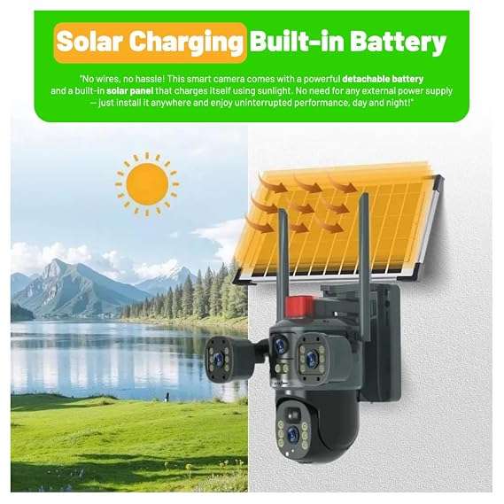 4-Lens Solar Security Camera  6MP Ultra HD, 4G LTE, Weatherproof, Panoramic View, No WiFi or Power