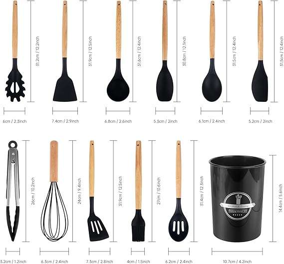 Kitchen Utensil Set 12 PCS Silicone Cooking Utensils Set with Wooden Handle Non-Stick (Grey)